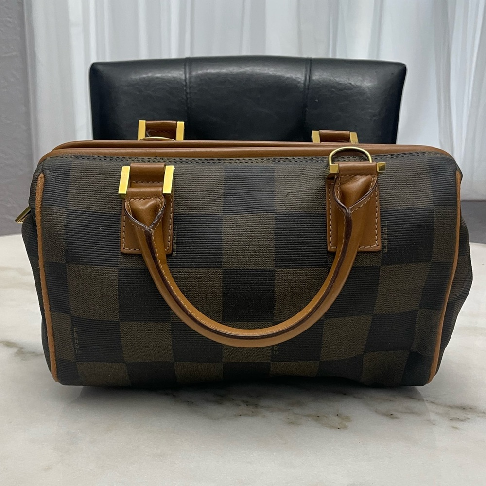 Fendi Vintage Boston Bag Coated Canvas Check Mini With D-Rings.
